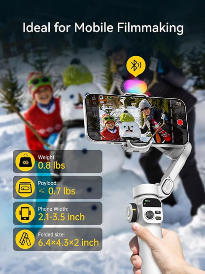 Gimbal Stabilizer for iPhone w/RGB Magnetic Fill Light, Foldable Gimbal w/7.8' Extension Rod & OLED Display for Vlogging & Filmmaking, Compatible with iPhone 16/15 Pro Max-Smart X2 Kit White