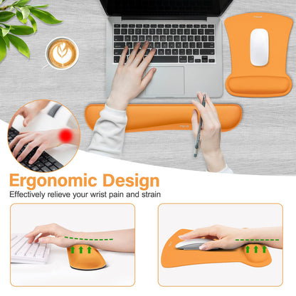 MOSISO Wrist Rest Support for Mouse Pad & Keyboard Set, Ergonomic Mousepad Non-Slip Base Home/Office Pain Relief & Easy Typing Cushion with Neoprene Cloth & Raised Memory Foam, Orange
