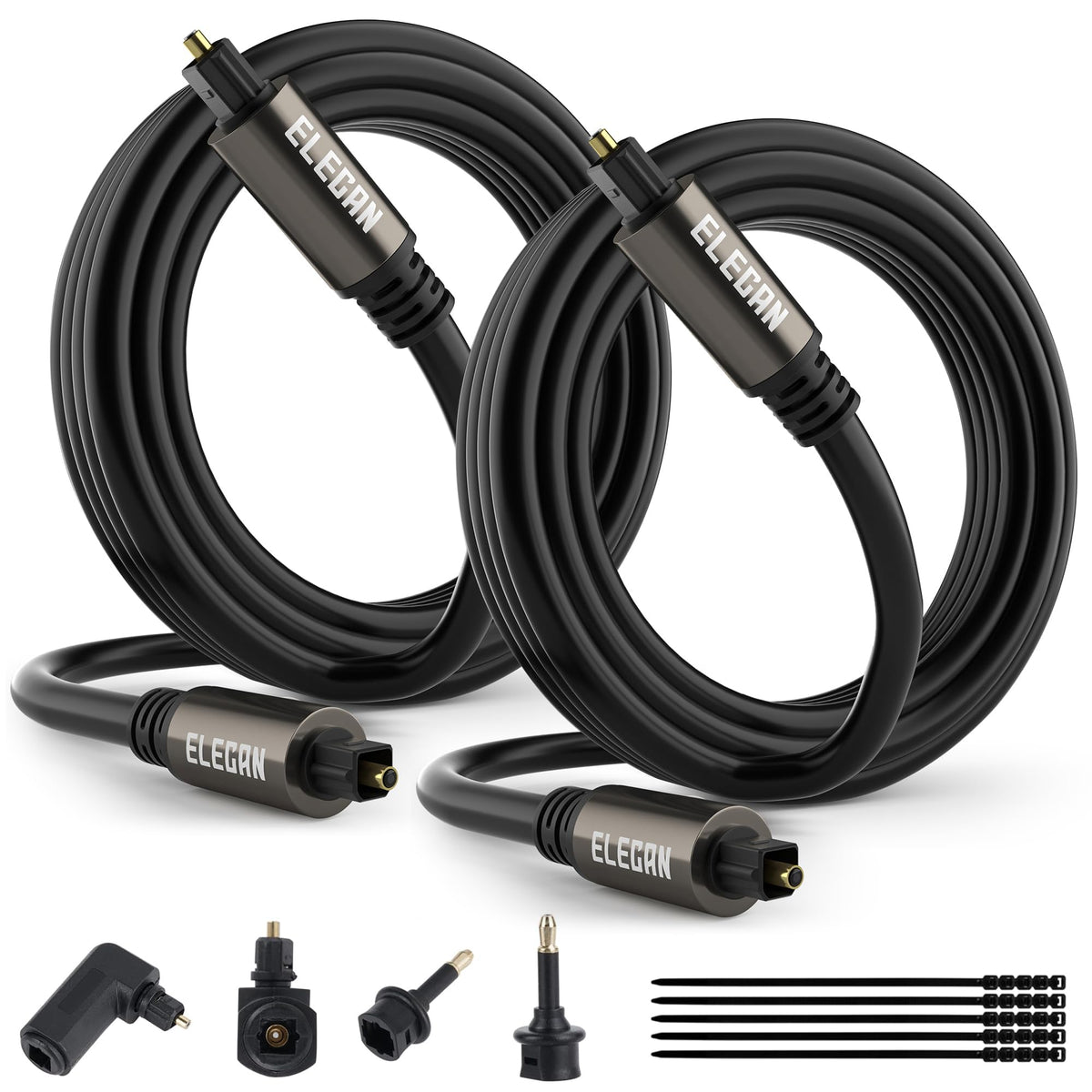 Elecan Optical Audio Cable 50 Ft Digital Audio Toslink Cable Cord-Fiber Optic-Gold Plated-Flexiable&Durable-for Home Theater,Sound Bar,PS4&Xbox-with 4 Right Angled and Mini Toslink Adapters+Ties