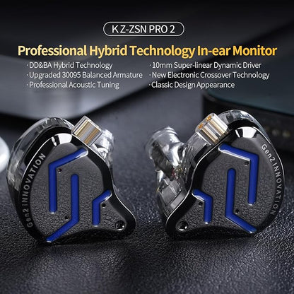 KZ ZSN Pro 2 in-Ear Monitors Headphones Metal Earphones 1BA+1DD Hybrid Technology HiFi Bass Clear Sound IEMs Noise Cancellation Earbuds Wired for Musicians Singer Audiophile(Black,No Mic)