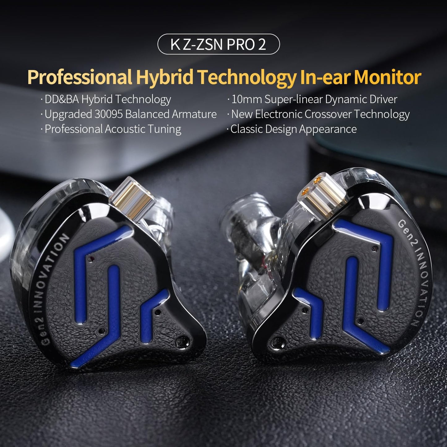 KZ ZSN Pro 2 in-Ear Monitors Headphones Metal Earphones 1BA+1DD Hybrid Technology HiFi Bass Clear Sound IEMs Noise Cancellation Earbuds Wired for Musicians Singer Audiophile(Black,No Mic)
