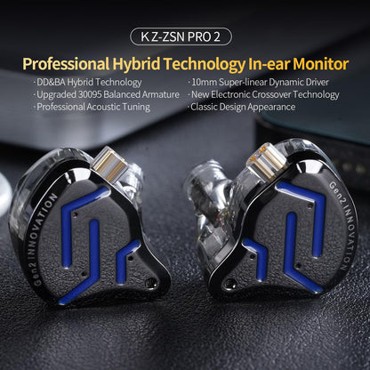 KZ ZSN Pro 2 in-Ear Monitors Headphones Metal Earphones 1BA+1DD Hybrid Technology HiFi Bass Clear Sound IEMs Noise Cancellation Earbuds Wired for Musicians Singer Audiophile(Black,No Mic)