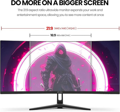 CRUA 34 Inch Curved Gaming Monitor, 21:9 WQHD 3440x1440 165Hz/144Hz 1500R Ultrawide Computer Monitor Support Freesync, PIP/PBP, 120% sRGB, HDMI 2.0 & DP 1.4, Wall Mountable/Tilt Adjustable-Black