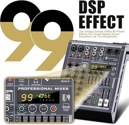 Professional Audio Mixer 4 Channel Sound Board Console System 99 DSP DJ Mixer 48V Phantom for Karaoke DJ Studio Streaming Recording