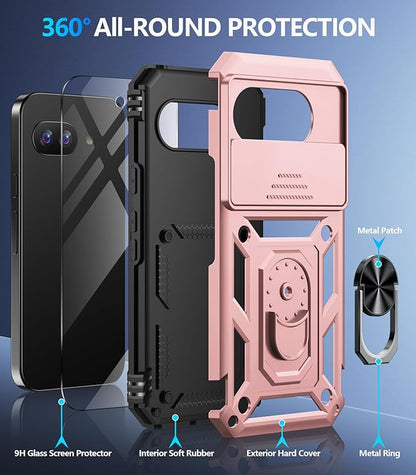 Taisairu for Google Pixel 9A Case with Screen Protector & Slide Camera Lens Cover, Built-in 360°Rotate Magnetic Ring Stand Shockproof Protective Phone Case for Google Pixel 9A Case (Rose Gold)