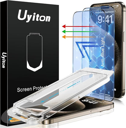 Uyiton Anti-Blue Light for iPhone 15 Pro Screen Protector - Unbreak-Glass Easy to Install Full Coverage Case Friendly Scratch Resistance 9H Tempered Glass Screen Protector for iPhone 15 Pro, 2 Pack