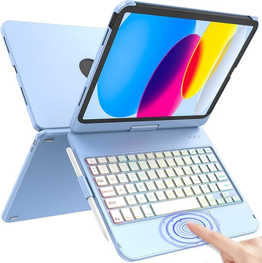 HOTLIFE for iPad A16 11th Generation/10th Generation Case with Keyboard,Touch Keyboard for iPad 11" /10th Gen 10.9 inch 2022-10 Color Backlight, 360° Rotatable Protective Cover (Ocean Blue)