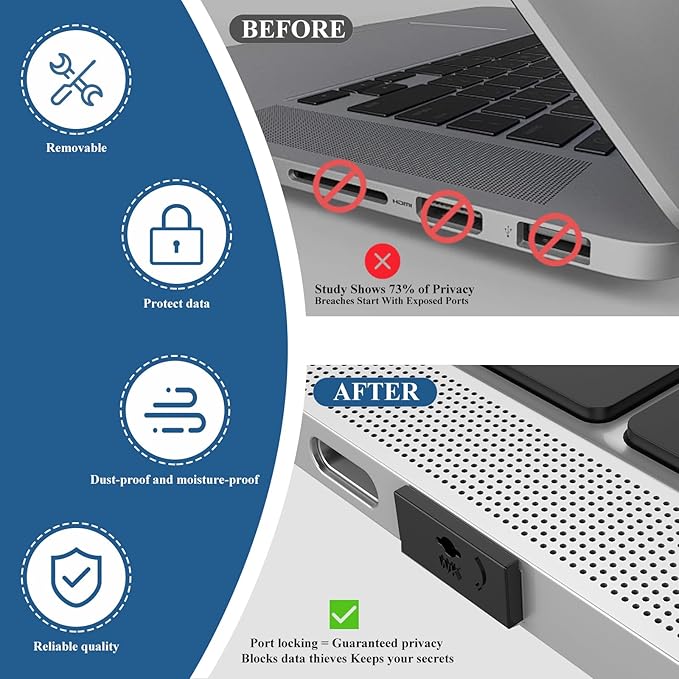 7 PCS USB Port Blockers with 1 Locks for PC, Laptop Removable Type-A Data Protection,Dust & Moisture Resistant Shield（Mixed Colors Packs Svailable for Port Sorting）