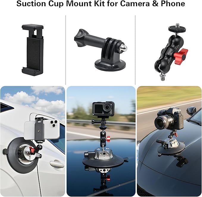 Suction Cup Camera Mount with Ball Head Magic Arm, 5.9"/15cm Air Pump Vacuum Camera Suction Mount on Car Windshield Dash for Action Cameras/Phone Holder, with 1/4" & 3/8" Mounting ARRI Holes