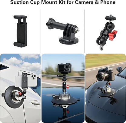 Suction Cup Camera Mount with Ball Head Magic Arm, 5.9"/15cm Air Pump Vacuum Camera Suction Mount on Car Windshield Dash for Action Cameras/Phone Holder, with 1/4" & 3/8" Mounting ARRI Holes