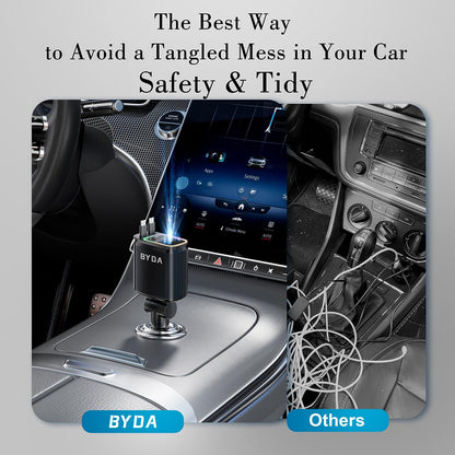 4 in 1 Retractable Car Charger with Starry Light,69W USB-C Fast Car Charger, for iPhone 17/16/15/14/13/12/11, Android,Pixel,Cigarette Lighter Charger (for Lightning+USB-C)