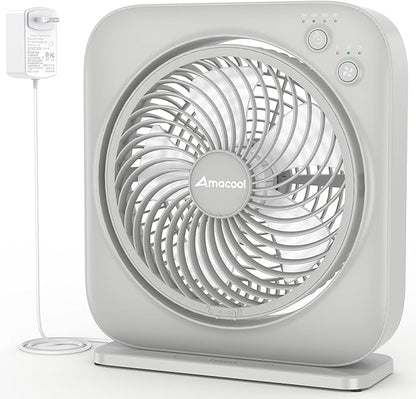 AMACOOL Table Fan, 12 inch Box Fan with 3 Adjustable Speeds & 8HRS Timer, Adjustable Angle Quiet Air Circulator, Desktop Fan for Bedroom Bathroom Kitchen Office, AC Adapter Included (Grey)