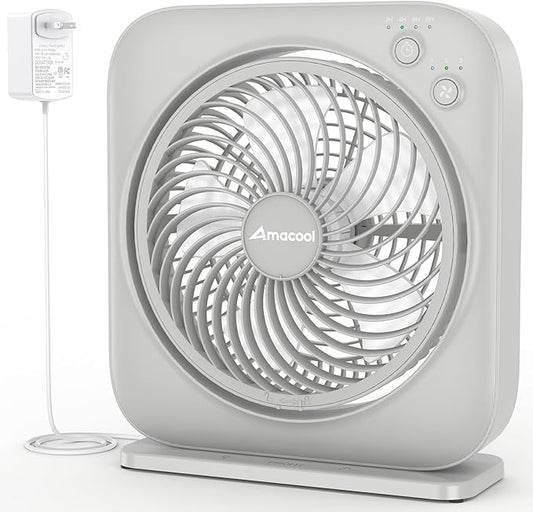 AMACOOL Table Fan, 12 inch Box Fan with 3 Adjustable Speeds & 8HRS Timer, Adjustable Angle Quiet Air Circulator, Desktop Fan for Bedroom Bathroom Kitchen Office, AC Adapter Included (Grey)