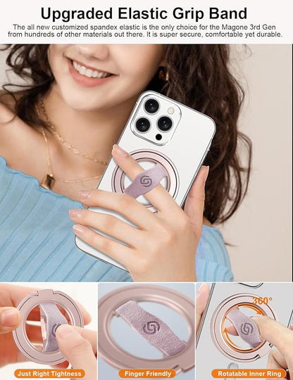 EWA MagOne 3rd Gen [Compatible with MagSafe] Phone Grip Stand with Finger Strap, Removable Magnetic Ring Holder Kickstand Loop for iPhone 16,15, 14, 13, 12 Series-(Pink)
