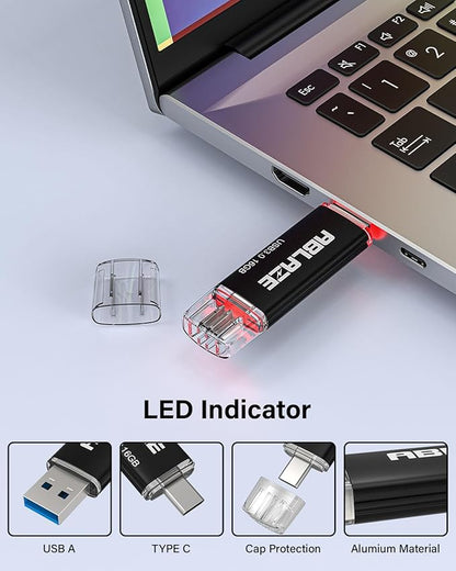 ABLAZE Type C Flash Drive 16GB, Dual USB 3.0+ USB C Flash Drive Compatible with iPhone 16/15,Android Smartphone,Computer,Tablet Mac Laptop