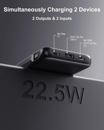 2-Pack 10000mAh Power Bank Fast Charging, 22.5W Compact USB C Portable Charger with 2 Outputs & 2 Inputs, LED Display Battery Pack Compatible with iPhone Samsung iPad Tablets, Blue & Pink