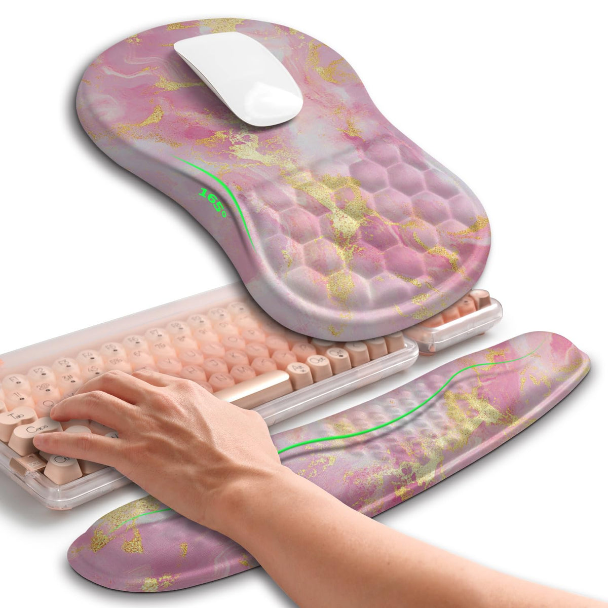 Hokafenle 2in1 Combination, Wave Keyboard Wrist Rest and Ergonomic Curvature Mouse Pad Wrist Support for Relieve Wrist Pain, Filled with Soft Cushion Memory Foam, Golden Pink Marble