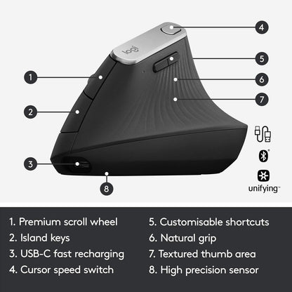 Logitech MX Vertical Wireless Mouse Ergonomic Design - Graphite