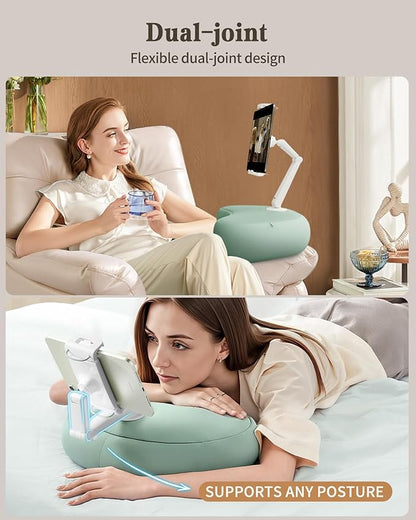 SAIJI Kindle Pillow Stand, iPad Stand Compatible with 4.7”-15.6” Kindle, Phone, iPad, 360° Adjustable Tablet Holder for Bed with Flexible Dual Axis Arm and Microbead Cushion (Cyan)