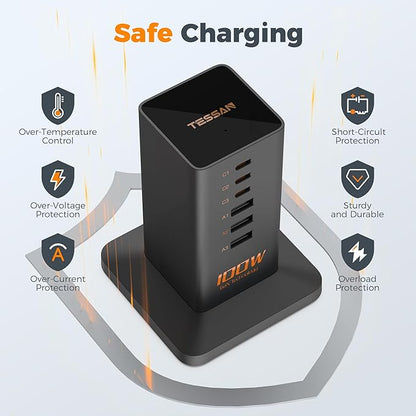 USB C Charger Blcok PD 100W, TESSAN 6-in-1 Charging Station for Multiple Devices, Desktop Tower Charger with 6 USB Ports for iPhone 16/15, MacBook, Tablet, Office Home Dorm Room Accessories