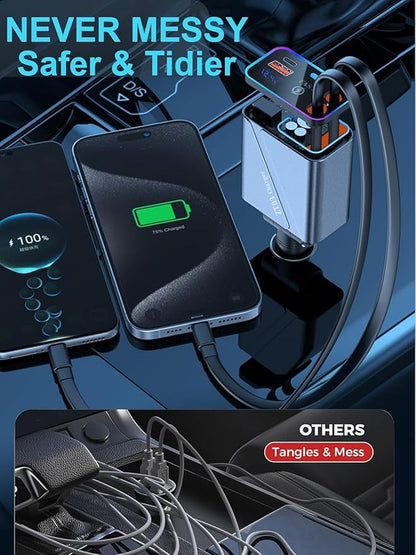 4 in 1 Retractable USB C Car Charger Adapter - 146W/65W Fast Charging, 35.43in Cord, Gift for Men & Women, Compatible with iPhone 16/15/14/13/12 & Android