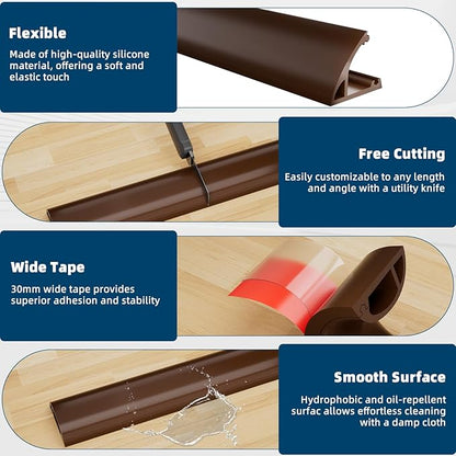 6ft Side Buckle Floor Cord Cover for Wires, Selfadhesive Extension Cord Hider Easy Floor Cable Management Prevent Cable Trips,Silicone Floor Wire Covers for Cords, Cable Protector Cord Cavity（Brown）