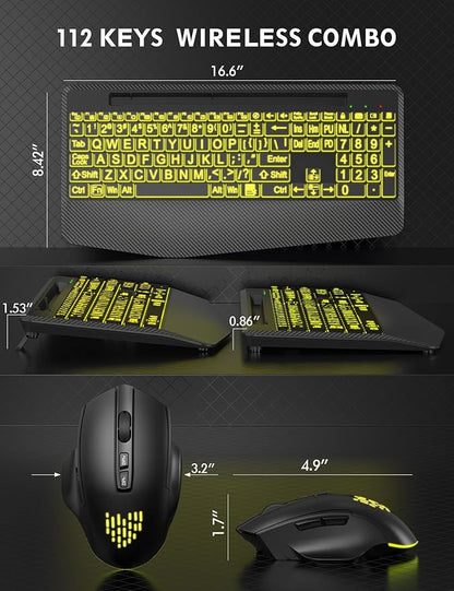 Wireless Keyboard and Mouse Backlits, Wrist Rest, LED Mouse, Rechargeable Ergonomic Keyboard with Phone Holder, Silent Light Up Combo for Computer, Mac, PC, Laptop, Chromebook (Black Large Print)