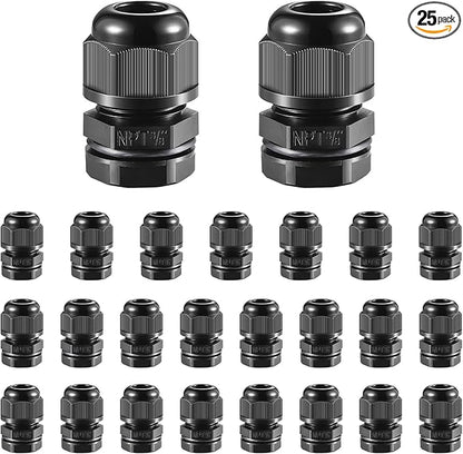 25 PCS 3/8"(5-10mm) NPT Nylon Cable Gland Joints with Gaskets, IP68 Adjustable Lock Nut Strain Relief Cord Grip Waterproof Cable Glands - UL Listed and RoHS Compliant