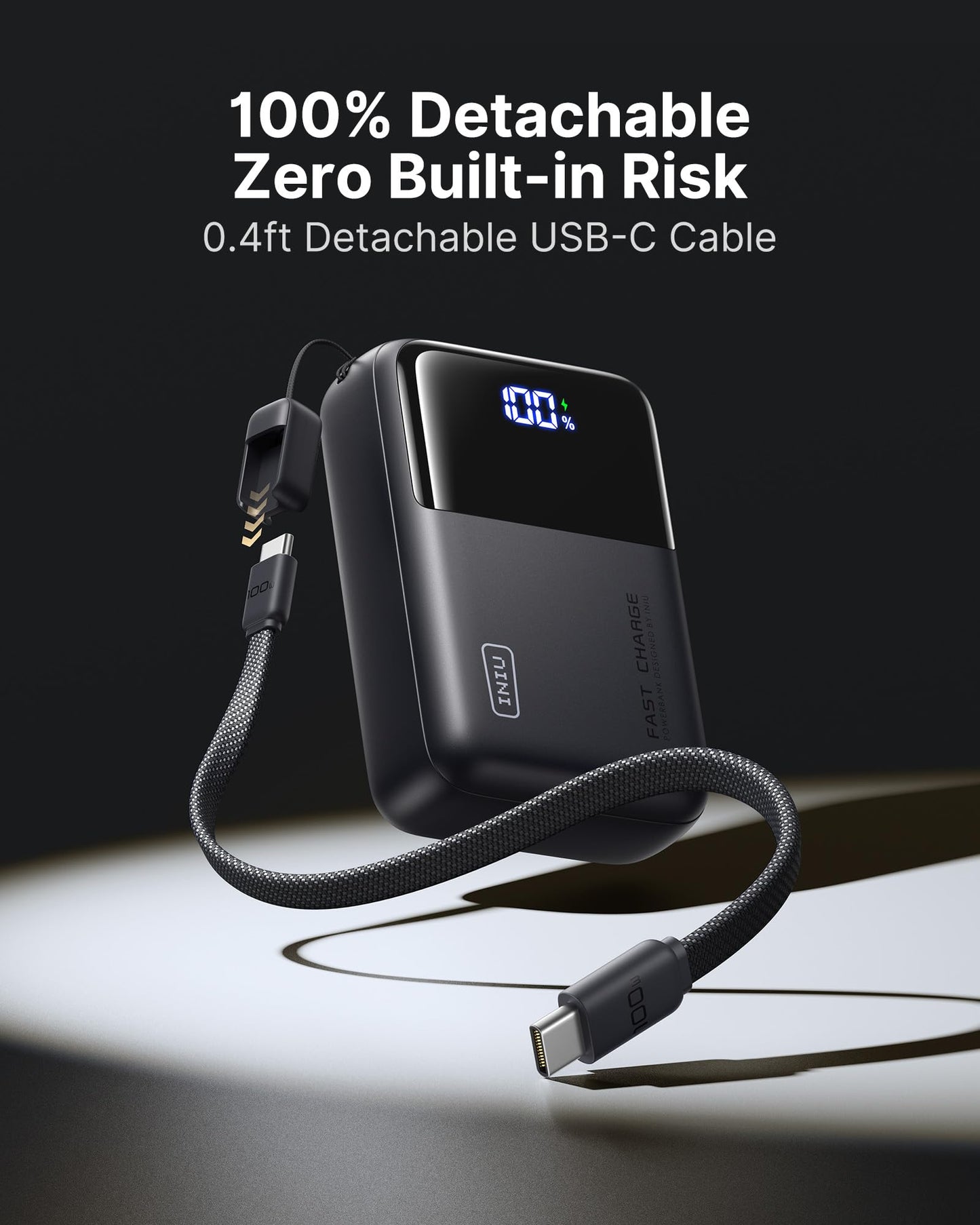 INIU 100W Fast Charging Power Bank, Smallest 25000mAh High Capacity Laptop Portable Charger, 3-Port Battery Phone Pack with Detachable USB C Cable for Flight-Safe iPhone MacBook Dell Steam Deck etc