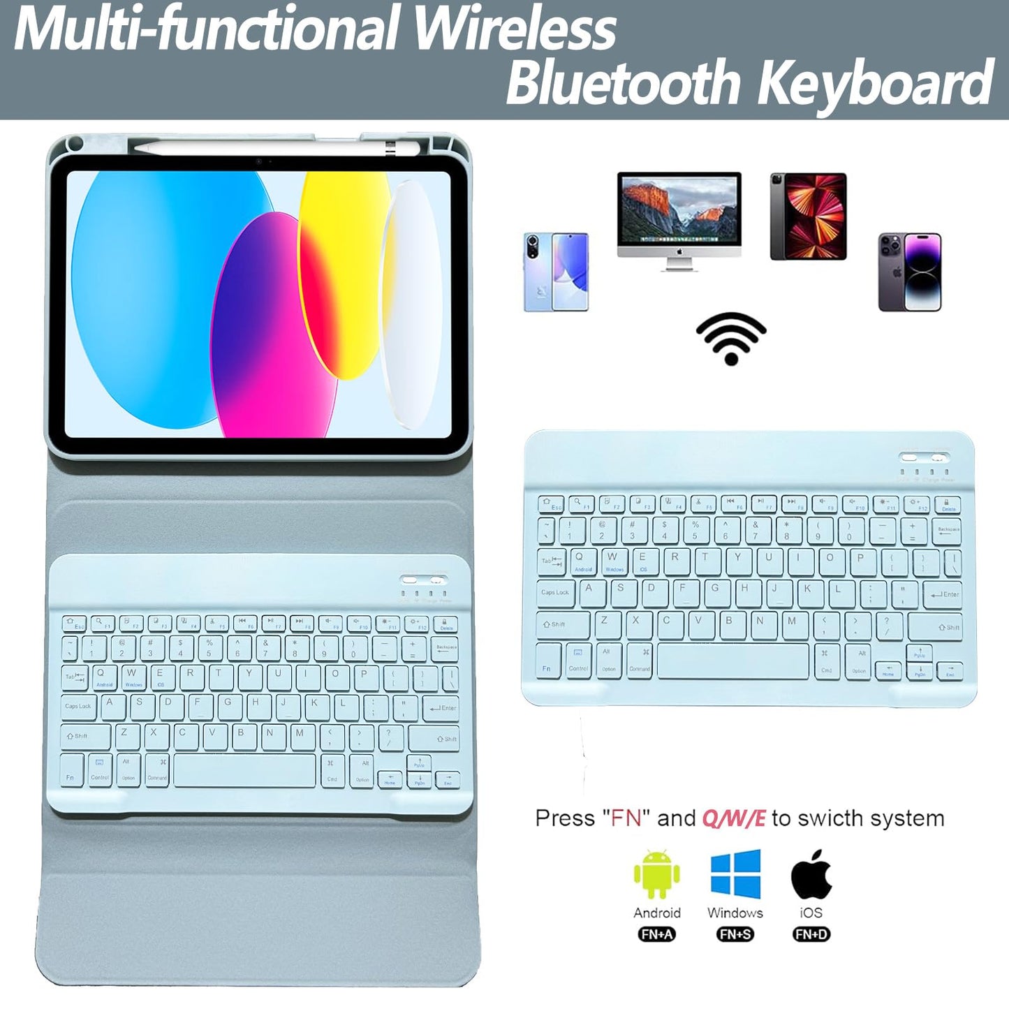 BSBLESS Keyboard Case for iPad 11th 10th Generation - iPad 10th Generation Case with Detachable Wireless Keyboard - Smart Folio Cover with Pencil Holder for 11-inch A16 2025 10.9-inch 2022, Blue