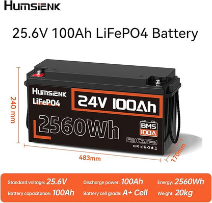HumsiENK 24V Lithium Battery 100Ah LiFePO4 Batterys 2 PCS, Built-in 100A BMS with Low-Temp, 15000+ Deep Cycles, 2560Wh Lithium Iron Phosphate Battery, for RV Solar Energy Off Grid Trolling Motor
