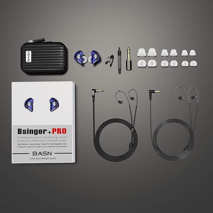 BASN Bsinger PRO in-Ear Monitors Hybrid Dynamic Dual Drivers Two Detachable MMCX Cables Musicians in-Ear Earbuds Headphones (Blue)