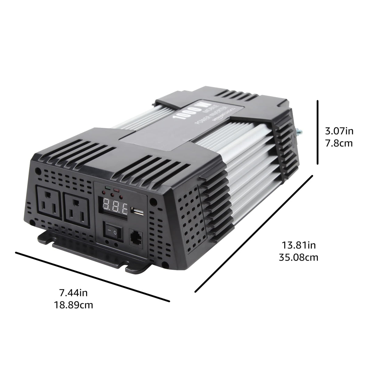 Amazon Basics 1000W Car Power Inverter, 12V to AC 110V, Portable, 2 AC Outlets, USB Port, 13.81 x 7.44 x 3.07 inches