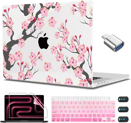 CISSOOK Cherry Blossoms Hard Shell Case for MacBook Pro 14 inch M5 A3434 M4 A3112 A3185 A3401 M3 A2992 A2918 M2 A2779 M1 A2442, Cherry Floral Cover with Keyboard Cover for 2021-2026 Pro 14.2”