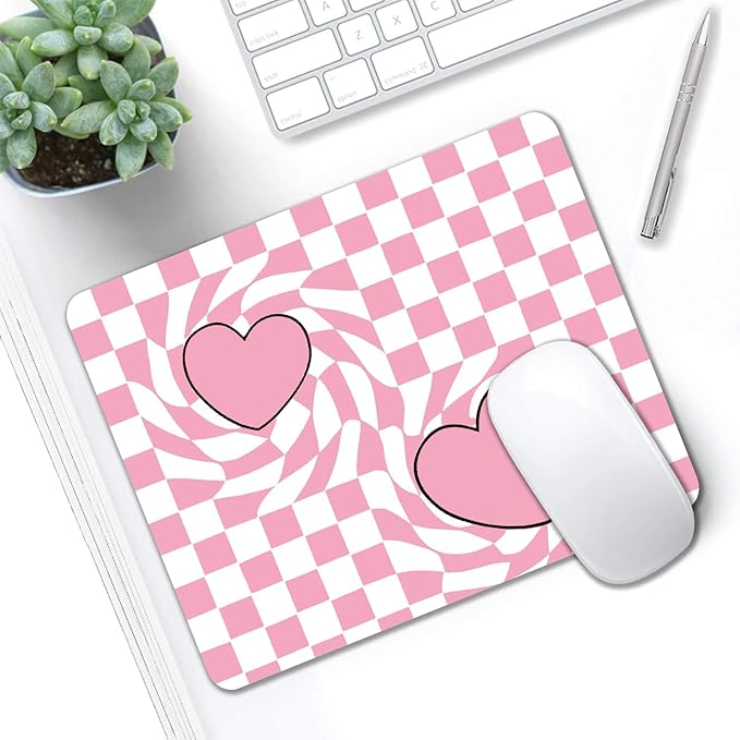 Mouse Pad, Cute Pink Checkered Heart Mouse Pads for Desk, 9.5" x 7.9" Non-Slip Rubber Base Computer Mousepad with Women, Portable Square Design for Wireless Mouse and Pad Laptop Office & Travel
