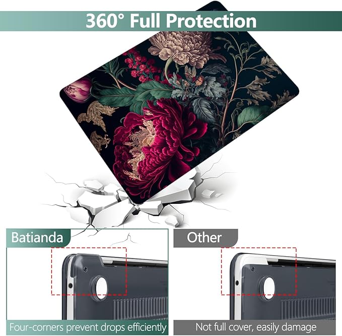 Batianda Design Case for M1 MacBook Air 13 Inch Model A2337 A2179 A1932 2021 2020 2019 Release,3D Stylish Designed Hard Shell with Keyboard Cover & Screen Protector, Vintage Flower