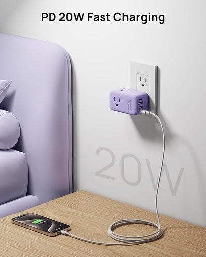 TROND Multi Plug Wall Outlet, 3 AC Outlet Extender with 360 Rotating Plug, Small Wall Adapter with PD 20W USB C, Cute and Durable for Purple Lovers, Goes with All Scenes Purple Vibe
