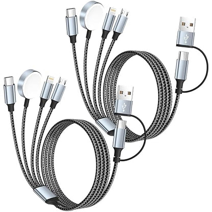 Travel Essentials 4 in 2 Multi Charging Cable for iWatch Charger(2Pack 5FT),USB A/USB C Multiple Charger Cable/Cord for All Devices Compatible for iWatch Ultra/SE/10-1,iPhone 16-11, Android,More