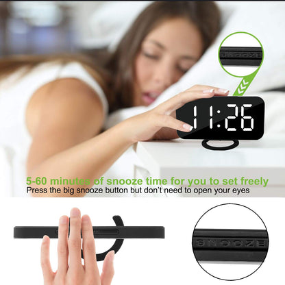 SZELAM Digital Clock Large Display, LED Alarm Electric Clocks Mirror Surface for Makeup with Diming Mode, 3 Levels Brightness, Dual USB Ports Modern Decoration for Home Bedroom Decor-Black