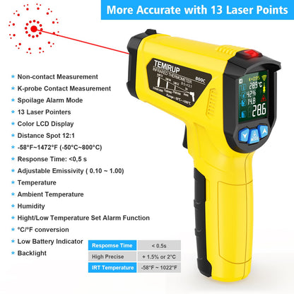 Infrared Thermometer Temperature Gun, -58°F to 1472°F, Digital Laser Thermometer Gun with Probe for Cooking, Pizza Oven, Grill & Engine, IR Thermometer Temp Gun with Adjustable Emissivity & Humidity