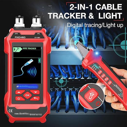 10 in 1 Network Cable Tester with 7 Wavelengths OPM 10Km/10mW VFL 600M Measurable Length 100 Records Tool Kit for CAT5 CAT6 Telephone Ethernet RJ11 RJ45 PoE Wire Tracer NCV, Red