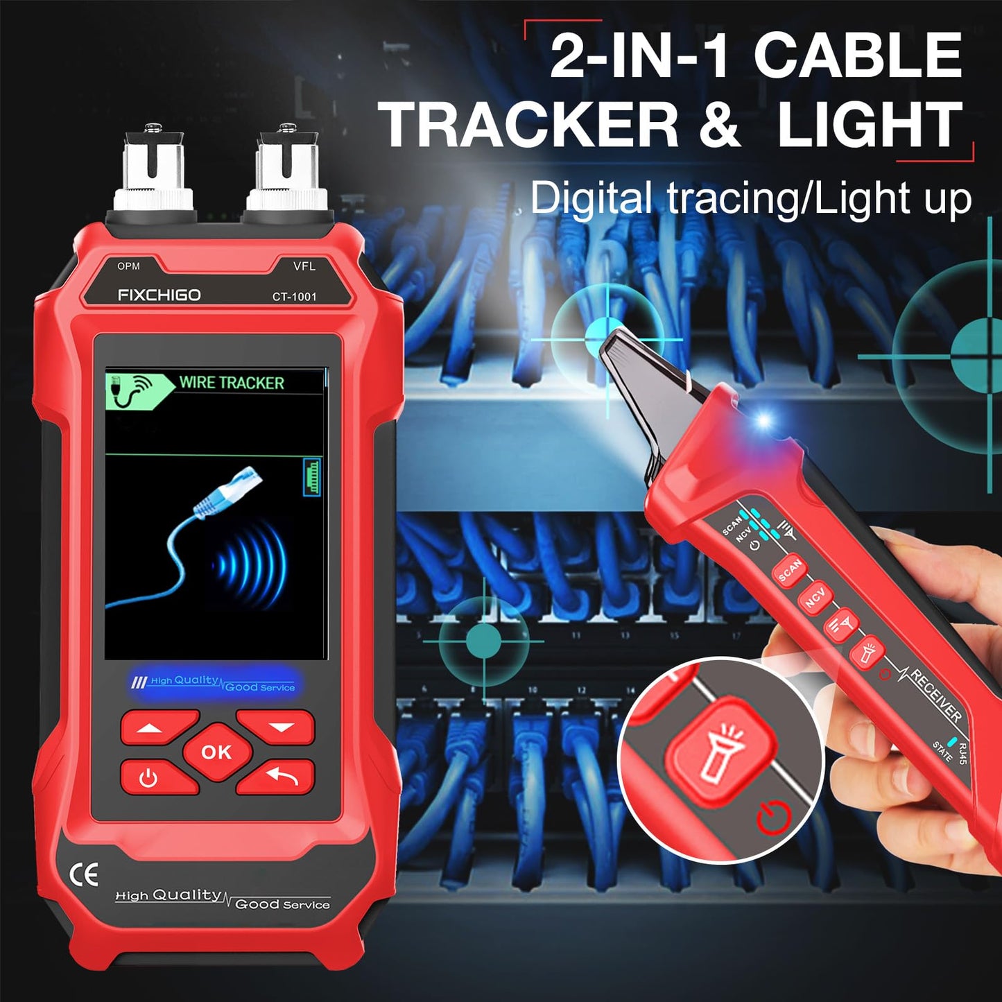 FIXCHIGO 10 in 1 Network Cable Tester with 7 Wavelengths OPM 10Km/10mW VFL 600M Measurable Length 100 Records Tool Kit for CAT5 CAT6 Telephone Ethernet RJ11 RJ45 PoE Wire Tracer NCV, Red