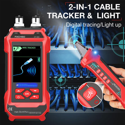FIXCHIGO 10 in 1 Network Cable Tester with 7 Wavelengths OPM 10Km/10mW VFL 600M Measurable Length 100 Records Tool Kit for CAT5 CAT6 Telephone Ethernet RJ11 RJ45 PoE Wire Tracer NCV, Red