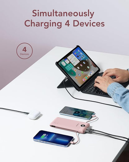 VEGER Portable Charger for iPhone with Built in Cables and Wall Plug, 10000mah Slim Fast Charging USB C Power Bank, Travel Essential Battery Pack Compatible with iPhone, iPad, Samsung etc(Crepe)