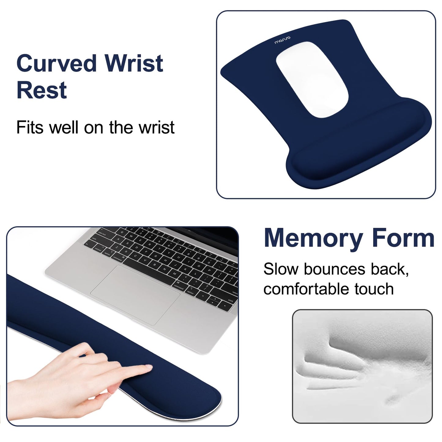 MOSISO Wrist Rest Support for Mouse Pad & Keyboard Set, Ergonomic Mousepad Non-Slip Base Home/Office Pain Relief & Easy Typing Cushion with Neoprene Cloth & Raised Memory Foam, Navy Blue