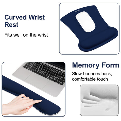 MOSISO Wrist Rest Support for Mouse Pad & Keyboard Set, Ergonomic Mousepad Non-Slip Base Home/Office Pain Relief & Easy Typing Cushion with Neoprene Cloth & Raised Memory Foam, Navy Blue