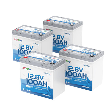 Redodo 12V 100Ah Ultra-Mini RV LiFePO4 Battery, Bluetooth Lithium Battery with Low Temp Protection, Group 22NF Size & 4000+ Deep Cycles, 100A BMS for RV Camping Trolling Motor Off Grid Use 4 Pack