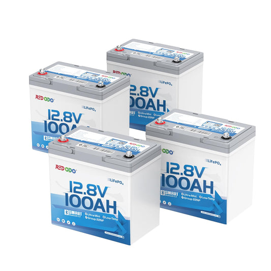 Redodo 12V 100Ah Ultra-Mini RV LiFePO4 Battery, Bluetooth Lithium Battery with Low Temp Protection, Group 22NF Size & 4000+ Deep Cycles, 100A BMS for RV Camping Trolling Motor Off Grid Use 4 Pack