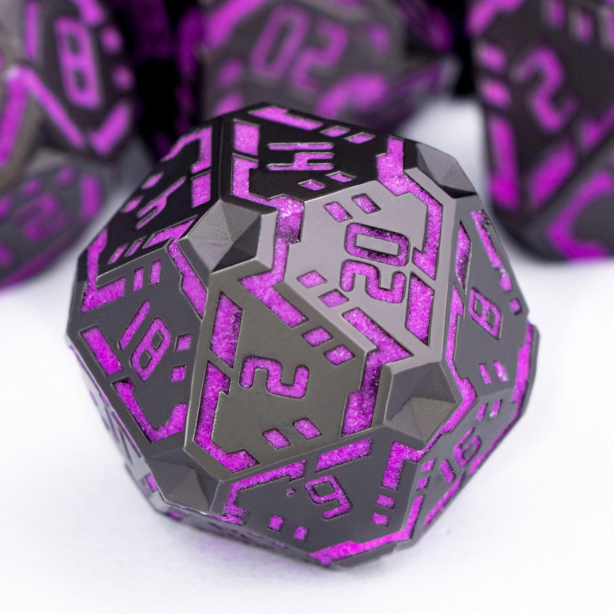 OGCOPHEN Metal DND Sci-fi Dice Set 7PCS Stripe Polyhedral Dice for Dungeons Dragons RPG Role Playing Game, Glitter D and D Dice with Gift Box D6 D8 D10 D12 D20 (Black&Blue Purple)