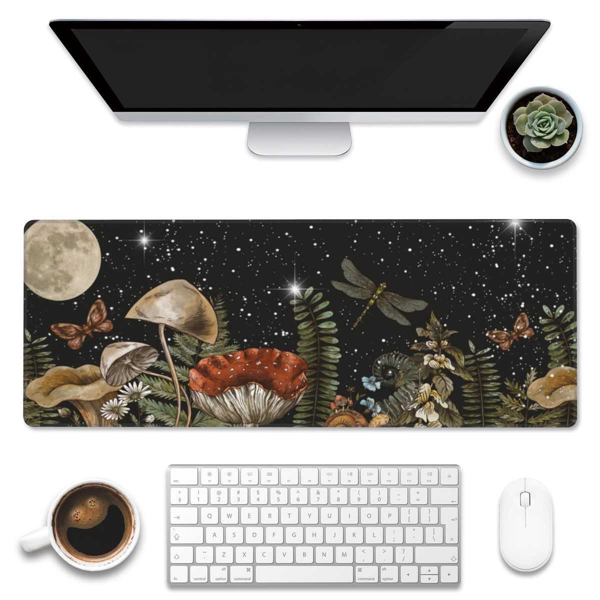 Eflxamz Large Gaming Mouse Pad for Desk,Cute Forest Mushroom Desk Mat,Starry Night Mushroom Desk Pad,Extended Big Computer Keyboard Mouse Pad with Non-Slip Base and Stitched Edge,35.4"x15.7"